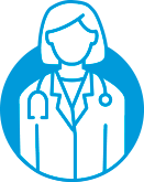 Icon of a female doctor outline in blue and white on a blue circle background